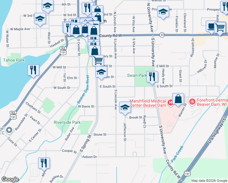 map of restaurants, bars, coffee shops, grocery stores, and more near 604 South Lincoln Avenue in Beaver Dam