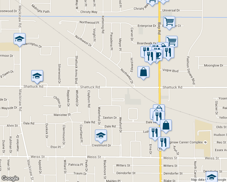 map of restaurants, bars, coffee shops, grocery stores, and more near 3323 Shattuck Road in Saginaw