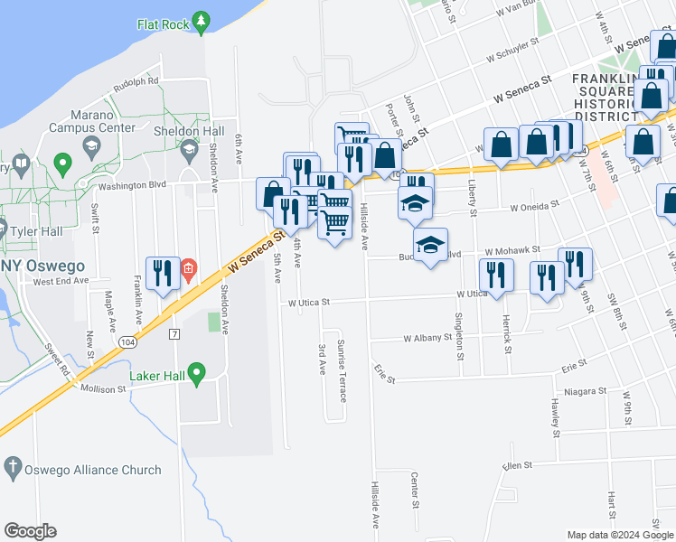 map of restaurants, bars, coffee shops, grocery stores, and more near 247 West Utica Street in Oswego