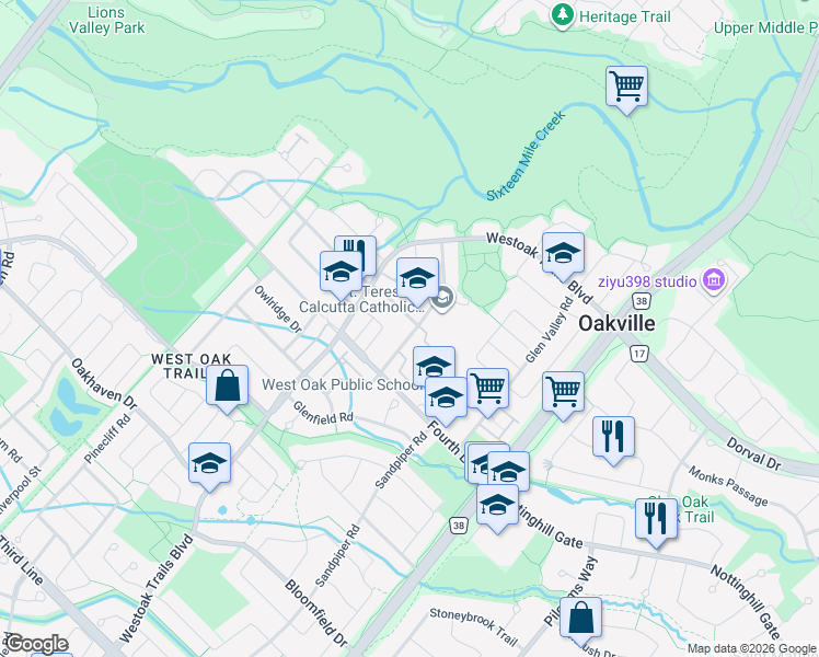map of restaurants, bars, coffee shops, grocery stores, and more near 2136 Oakpoint Road in Oakville