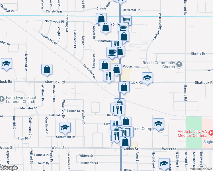 map of restaurants, bars, coffee shops, grocery stores, and more near 3101 Shattuck Road in Saginaw
