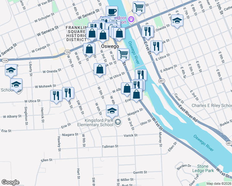 map of restaurants, bars, coffee shops, grocery stores, and more near 226 West 3rd Street in Oswego
