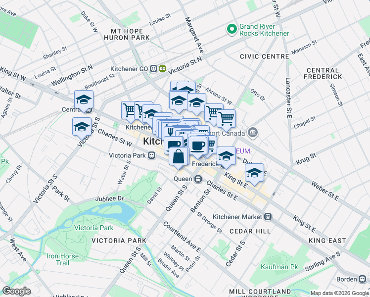 map of restaurants, bars, coffee shops, grocery stores, and more near 96 King Street West in Kitchener
