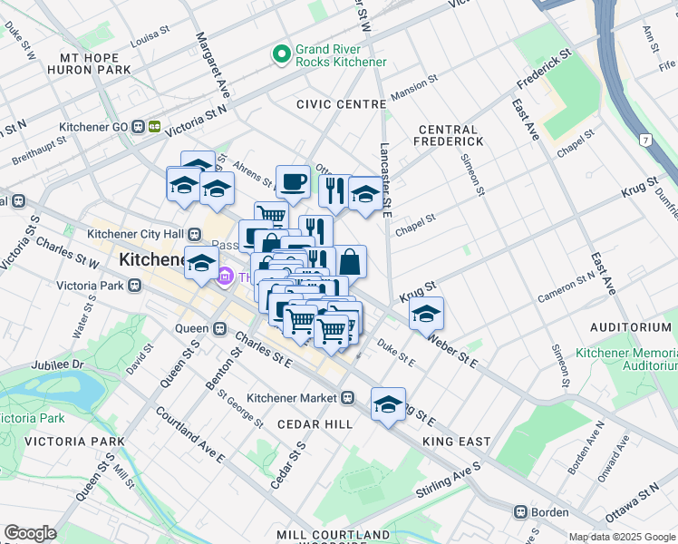 map of restaurants, bars, coffee shops, grocery stores, and more near 66 Weber Street East in Kitchener