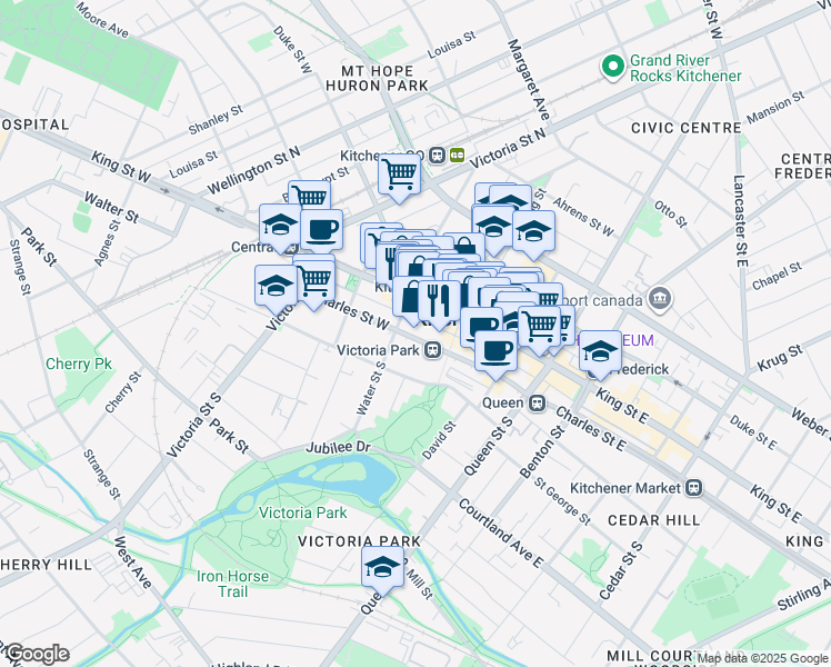 map of restaurants, bars, coffee shops, grocery stores, and more near 25 Water Street South in Kitchener
