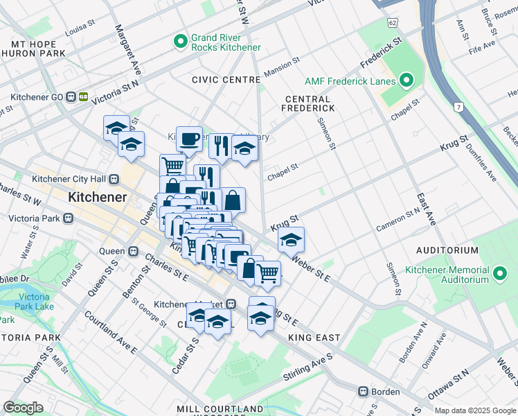 map of restaurants, bars, coffee shops, grocery stores, and more near 70 Irvin Street in Kitchener