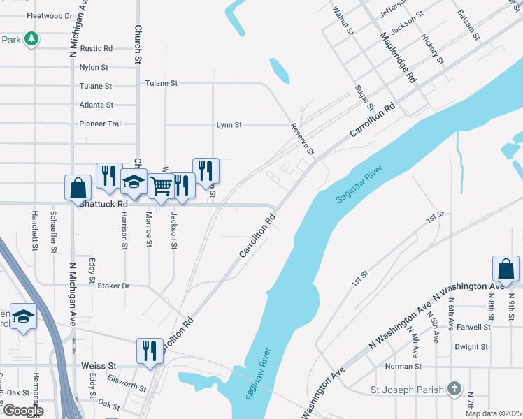 map of restaurants, bars, coffee shops, grocery stores, and more near 233 Shattuck Road in Saginaw