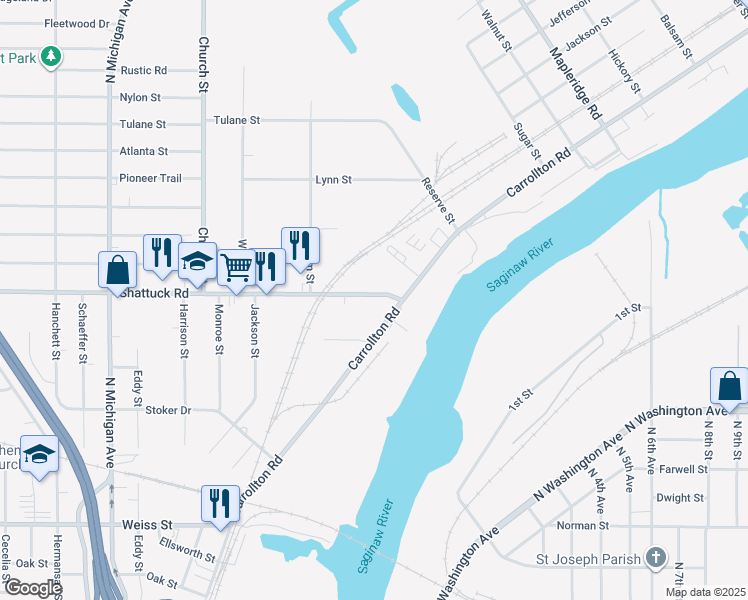 map of restaurants, bars, coffee shops, grocery stores, and more near 233 Shattuck Road in Saginaw