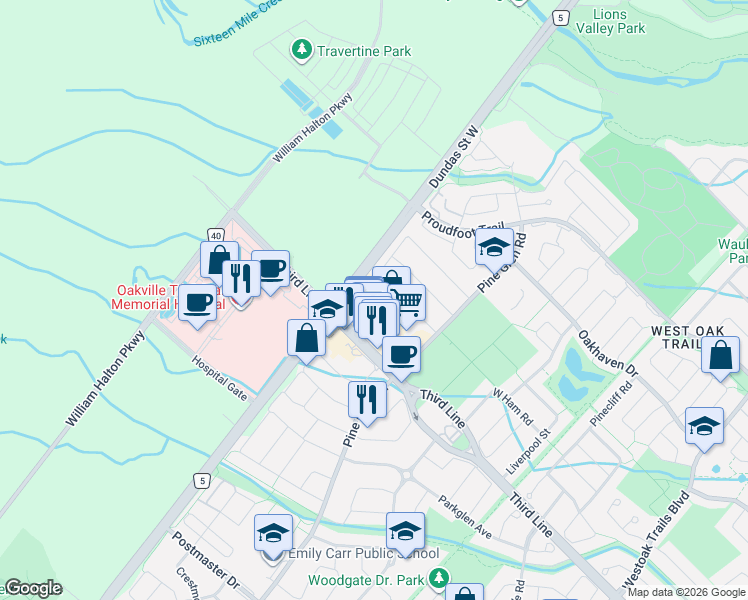 map of restaurants, bars, coffee shops, grocery stores, and more near 2501 Third Line in Oakville