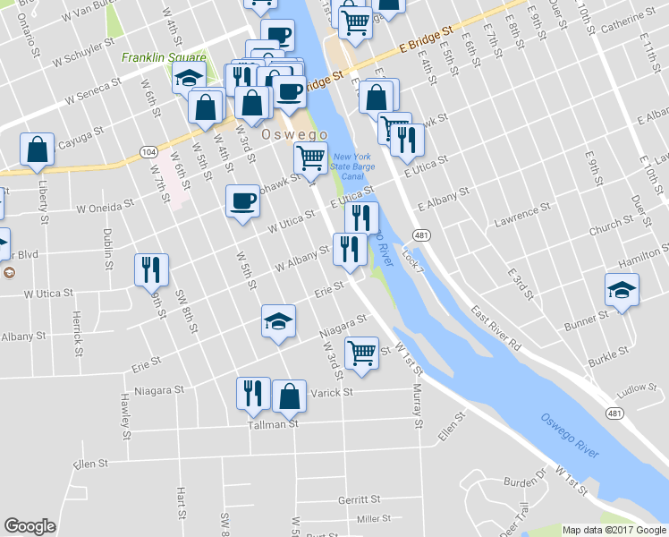 map of restaurants, bars, coffee shops, grocery stores, and more near 340 West 1st Street in Oswego