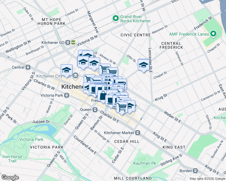 map of restaurants, bars, coffee shops, grocery stores, and more near 60 Frederick Street in Kitchener