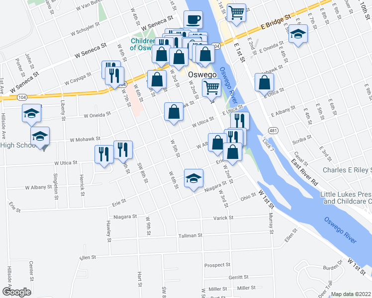 map of restaurants, bars, coffee shops, grocery stores, and more near 51 West Albany Street in Oswego