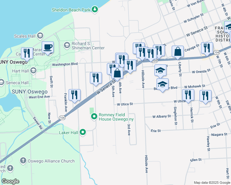 map of restaurants, bars, coffee shops, grocery stores, and more near 121 5th Avenue in Oswego