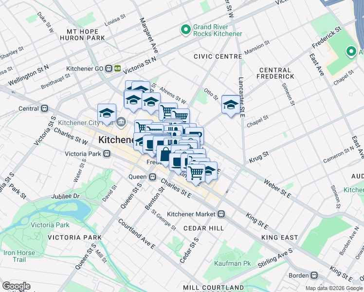 map of restaurants, bars, coffee shops, grocery stores, and more near in Kitchener