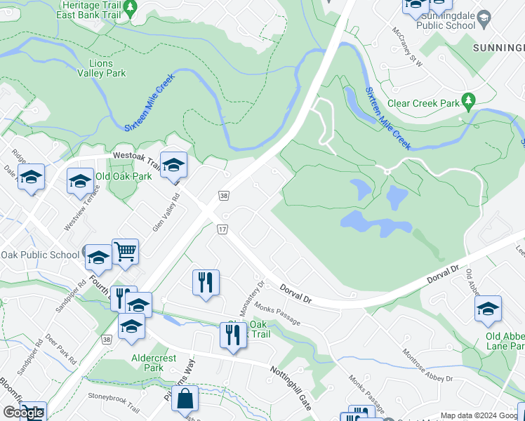 map of restaurants, bars, coffee shops, grocery stores, and more near 1463 The Links Drive in Oakville
