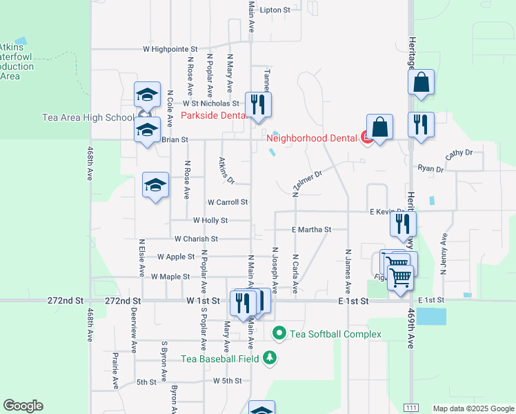 map of restaurants, bars, coffee shops, grocery stores, and more near 360 North Main Avenue in Tea