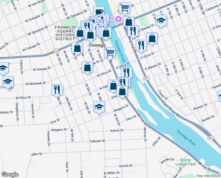 map of restaurants, bars, coffee shops, grocery stores, and more near 340 West 1st Street in Oswego