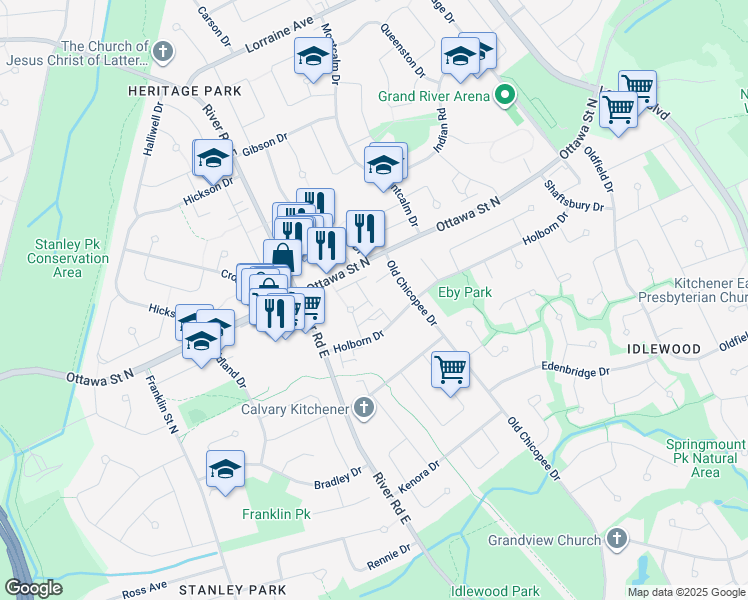 map of restaurants, bars, coffee shops, grocery stores, and more near 80 Holborn Drive in Kitchener