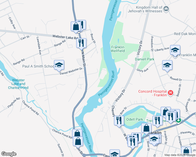 map of restaurants, bars, coffee shops, grocery stores, and more near 45 Tannery Street in Franklin