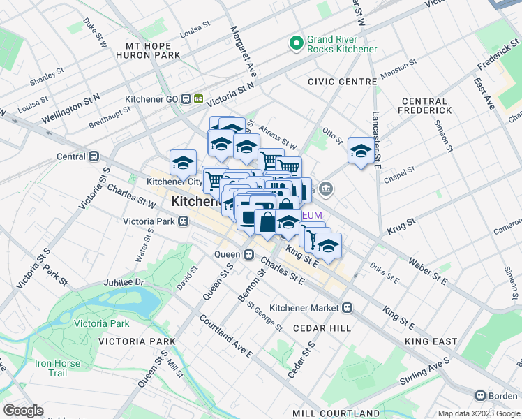 map of restaurants, bars, coffee shops, grocery stores, and more near in Kitchener