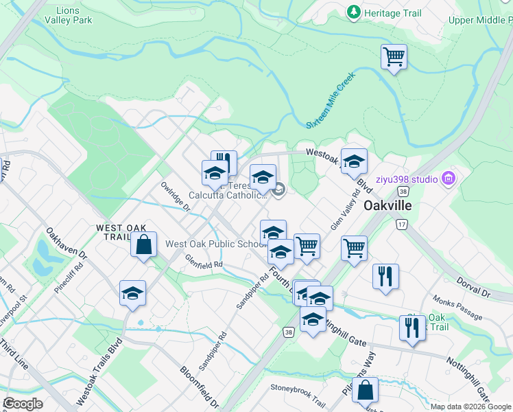 map of restaurants, bars, coffee shops, grocery stores, and more near 2136 Oakpoint Road in Oakville