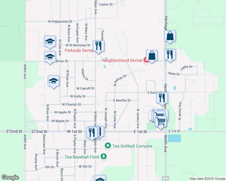 map of restaurants, bars, coffee shops, grocery stores, and more near 505 North Carla Avenue in Tea