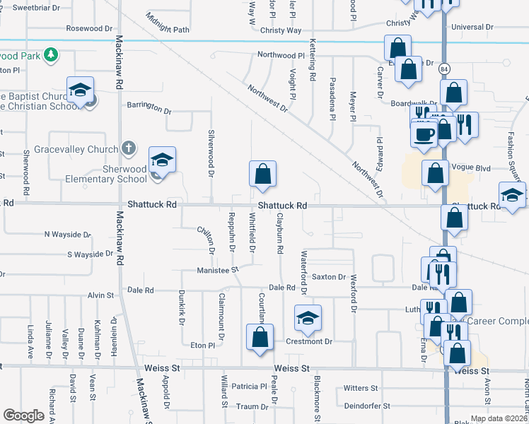 map of restaurants, bars, coffee shops, grocery stores, and more near 3555 Shattuck Road in Saginaw