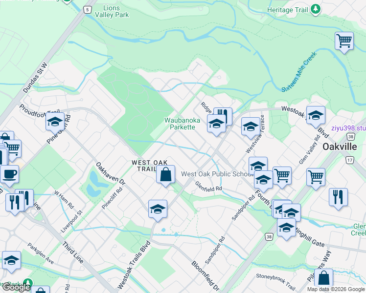 map of restaurants, bars, coffee shops, grocery stores, and more near 2289 Overfield Road in Oakville