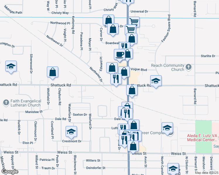 map of restaurants, bars, coffee shops, grocery stores, and more near 3101 Shattuck Road in Saginaw