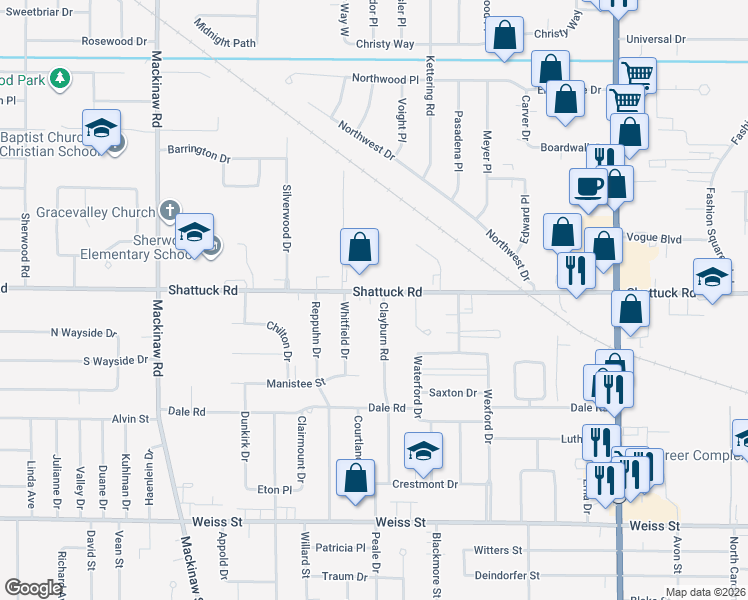 map of restaurants, bars, coffee shops, grocery stores, and more near 3555 Shattuck Road in Saginaw