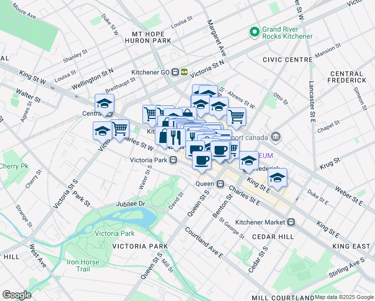 map of restaurants, bars, coffee shops, grocery stores, and more near 181 King Street South in Waterloo