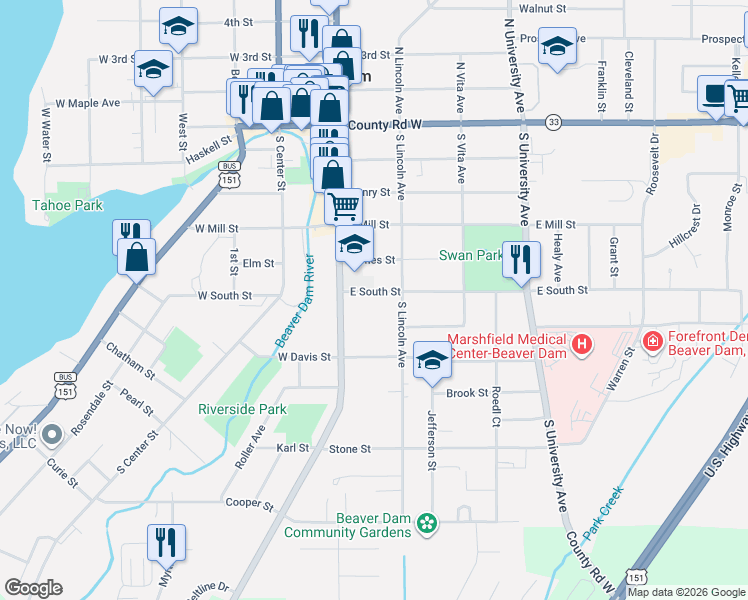 map of restaurants, bars, coffee shops, grocery stores, and more near 129 1/2 East South Street in Beaver Dam