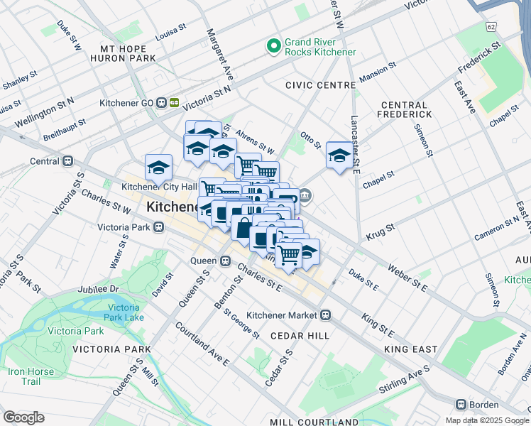 map of restaurants, bars, coffee shops, grocery stores, and more near in Kitchener