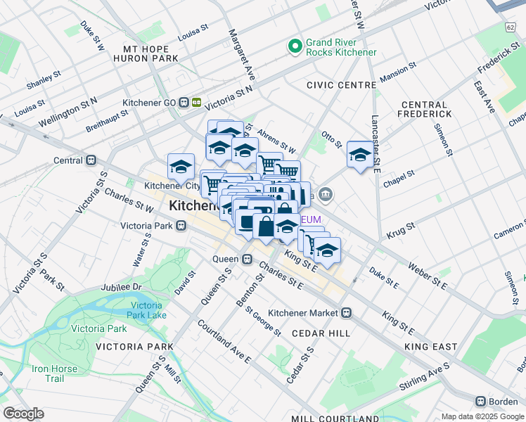 map of restaurants, bars, coffee shops, grocery stores, and more near in Kitchener