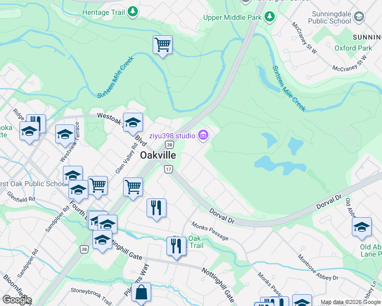 map of restaurants, bars, coffee shops, grocery stores, and more near 1474 The Links Drive in Oakville