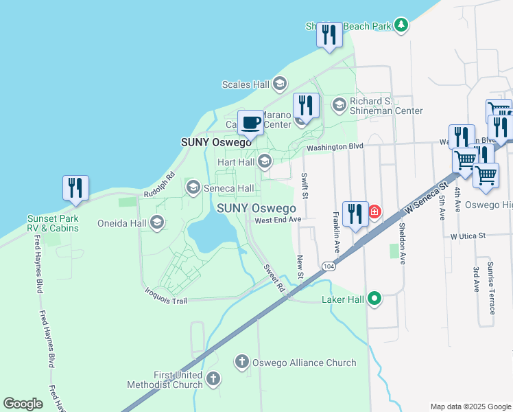 map of restaurants, bars, coffee shops, grocery stores, and more near 7060 New York 104 in Oswego