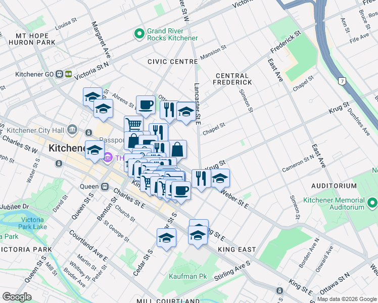 map of restaurants, bars, coffee shops, grocery stores, and more near 51 Irvin Street in Kitchener