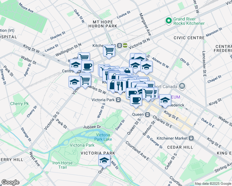 map of restaurants, bars, coffee shops, grocery stores, and more near 25 Water Street South in Kitchener