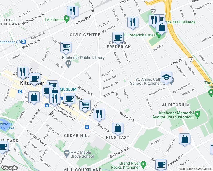 map of restaurants, bars, coffee shops, grocery stores, and more near 20 Brubacher Street in Kitchener