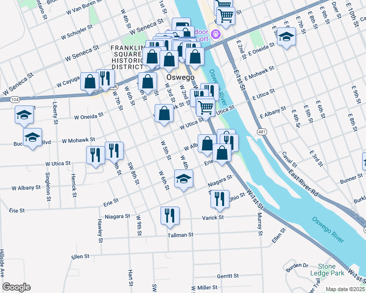 map of restaurants, bars, coffee shops, grocery stores, and more near 51 West Albany Street in Oswego