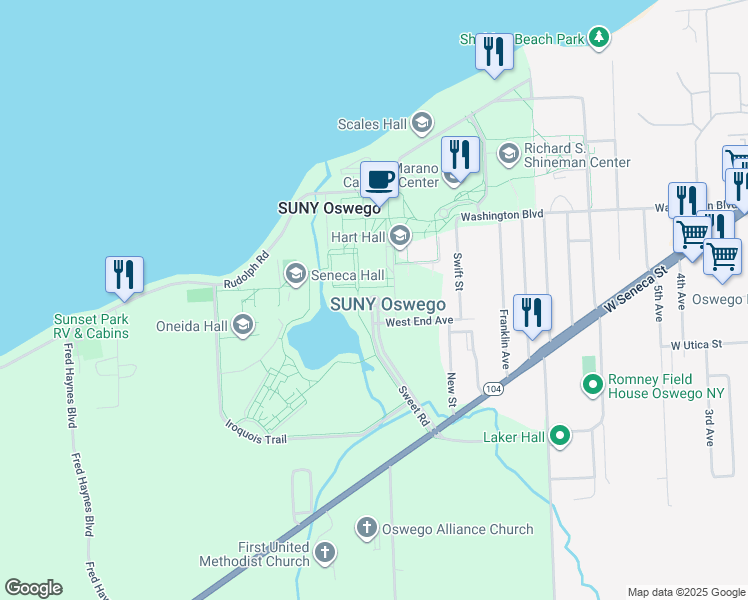map of restaurants, bars, coffee shops, grocery stores, and more near 7060 New York 104 in Oswego