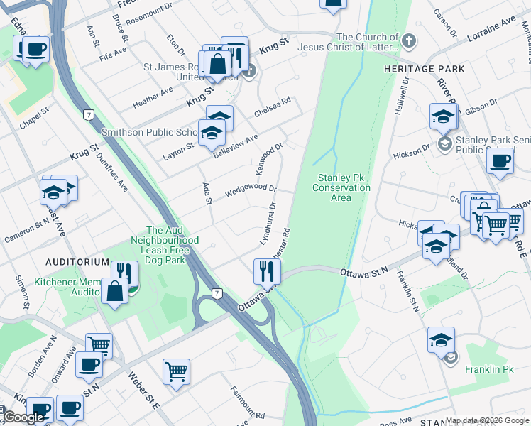 map of restaurants, bars, coffee shops, grocery stores, and more near 135 Burbank Road in Kitchener