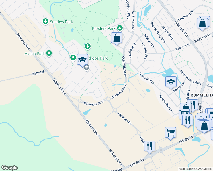 map of restaurants, bars, coffee shops, grocery stores, and more near Raspberry Place in Waterloo
