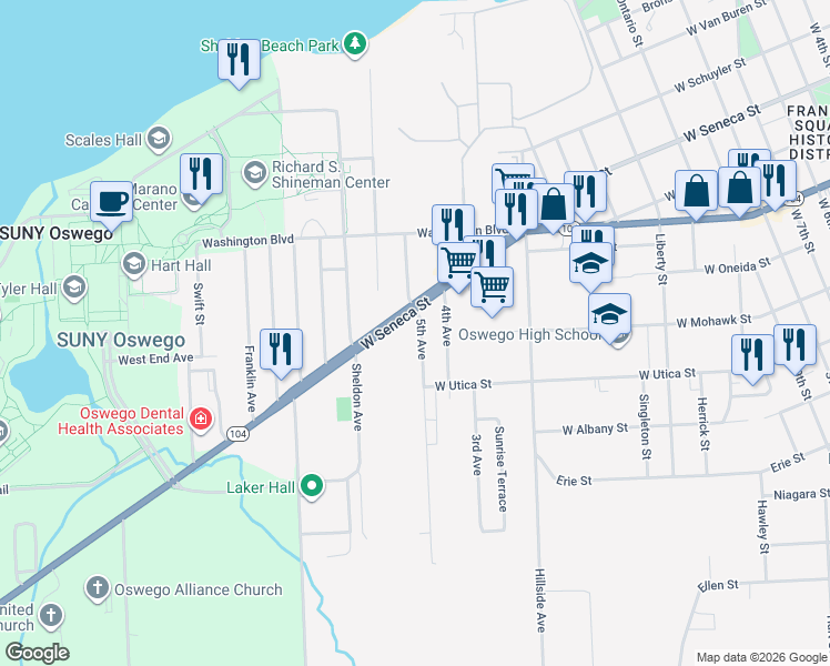 map of restaurants, bars, coffee shops, grocery stores, and more near 121 5th Avenue in Oswego