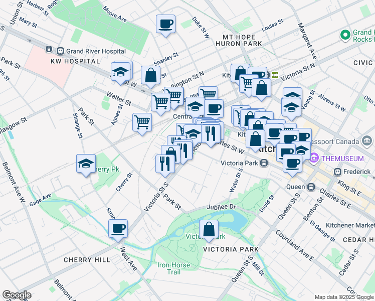 map of restaurants, bars, coffee shops, grocery stores, and more near 114 Waterloo Regional Road 55 in Kitchener