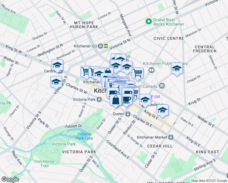 map of restaurants, bars, coffee shops, grocery stores, and more near 144 King Street West in Kitchener