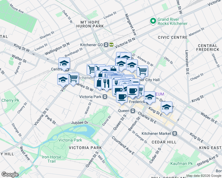 map of restaurants, bars, coffee shops, grocery stores, and more near 191 King Street South in Waterloo