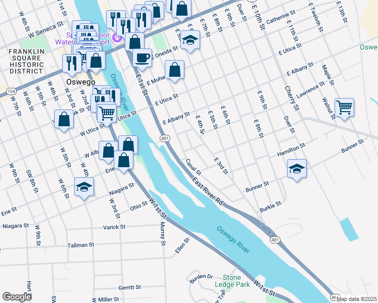 map of restaurants, bars, coffee shops, grocery stores, and more near 4 Scriba Street in Oswego