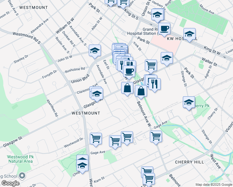 map of restaurants, bars, coffee shops, grocery stores, and more near 247 Glasgow Street in Kitchener