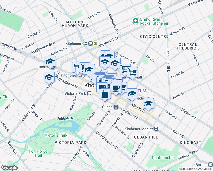 map of restaurants, bars, coffee shops, grocery stores, and more near 55 Duke Street West in Kitchener